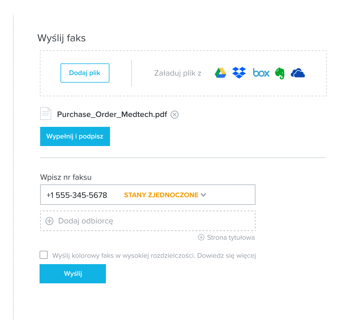 Wysyłanie faksów za pomocą HelloFax – okno usługi